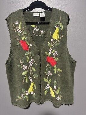 Vintage White Stag Knit Sweater Vest Green Embroidered Fruit Floral Button Front